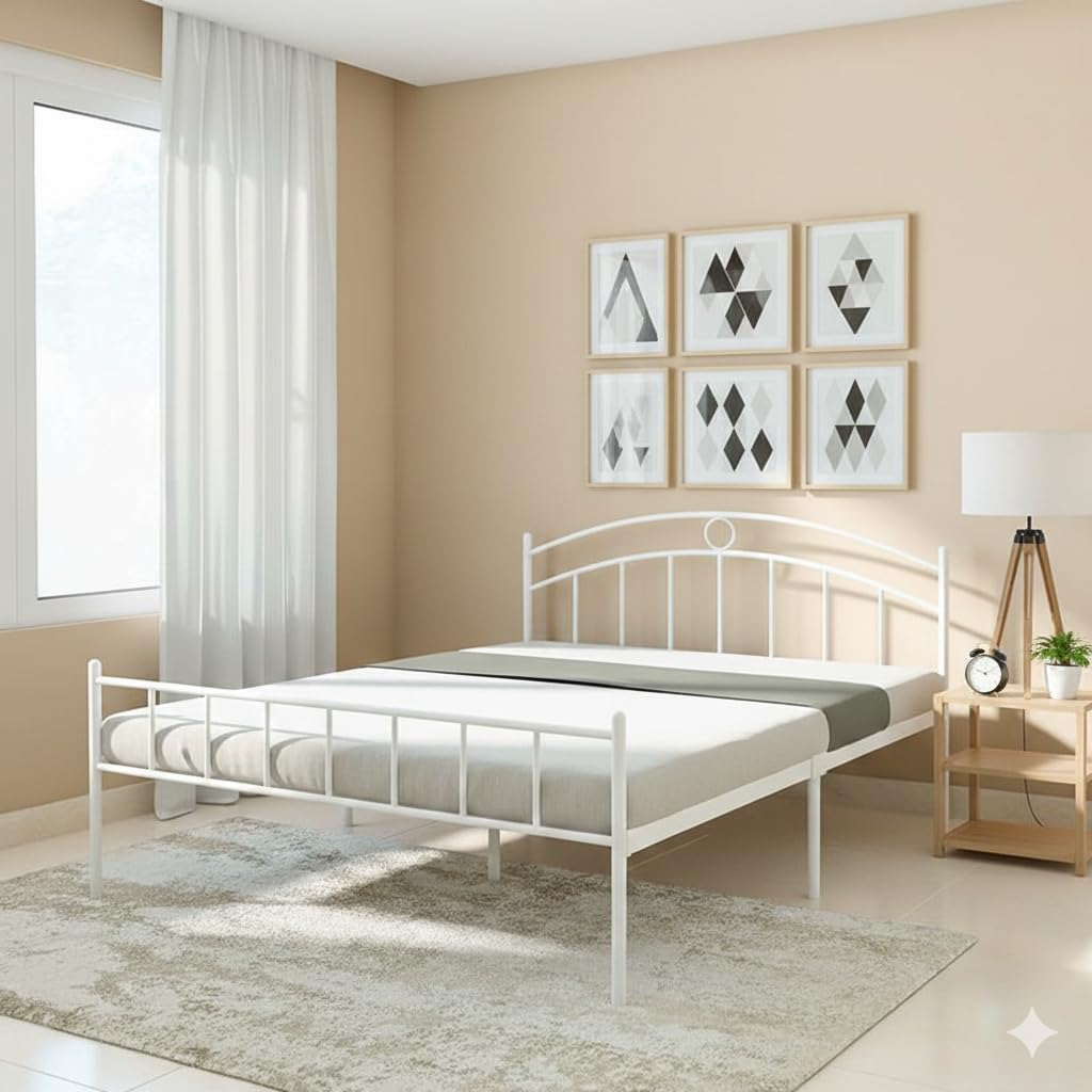 AUXILIARY Metal Bed Frame for Bedroom | Heavy Duty Iron Bed with Headboard & Footboard | Strong Iron Bed Cot for Adults & Kids | Space Saving with Under Storage. | Queen | White | Lotus-image-7