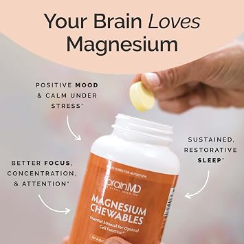 BRAINMD Dr Amen Magnesium Chewables, Citrus - 60 Chewable Tablets, Pack of 2 - Essential Mineral for Optimal Cell Function - Gluten Free - 120 Total Servings