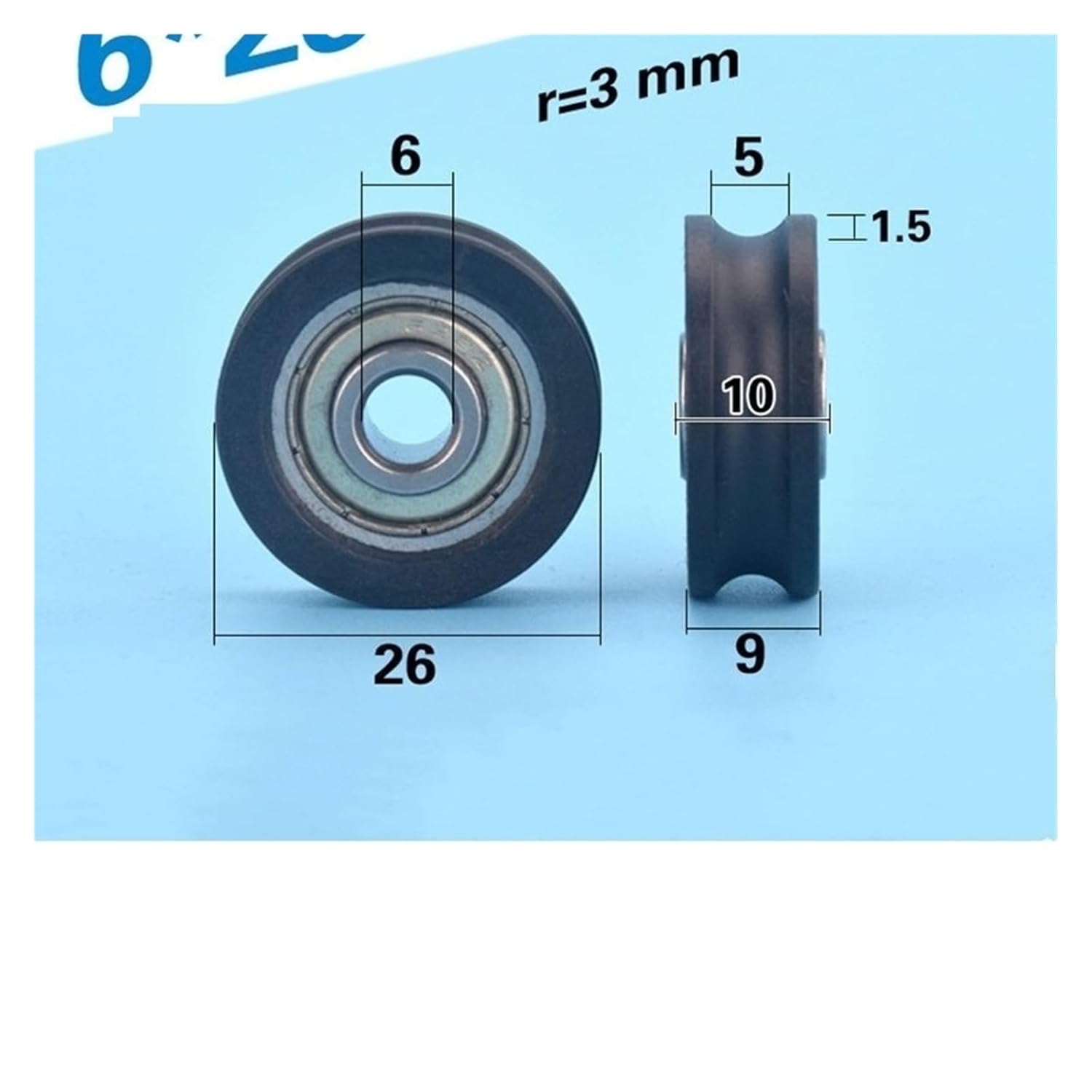 Plastic Coated Bearing 6 * 26 * 9mm POM Track Guide Roller Wheel Nylon Pulley Bore Size 6mm Diameter 26mm