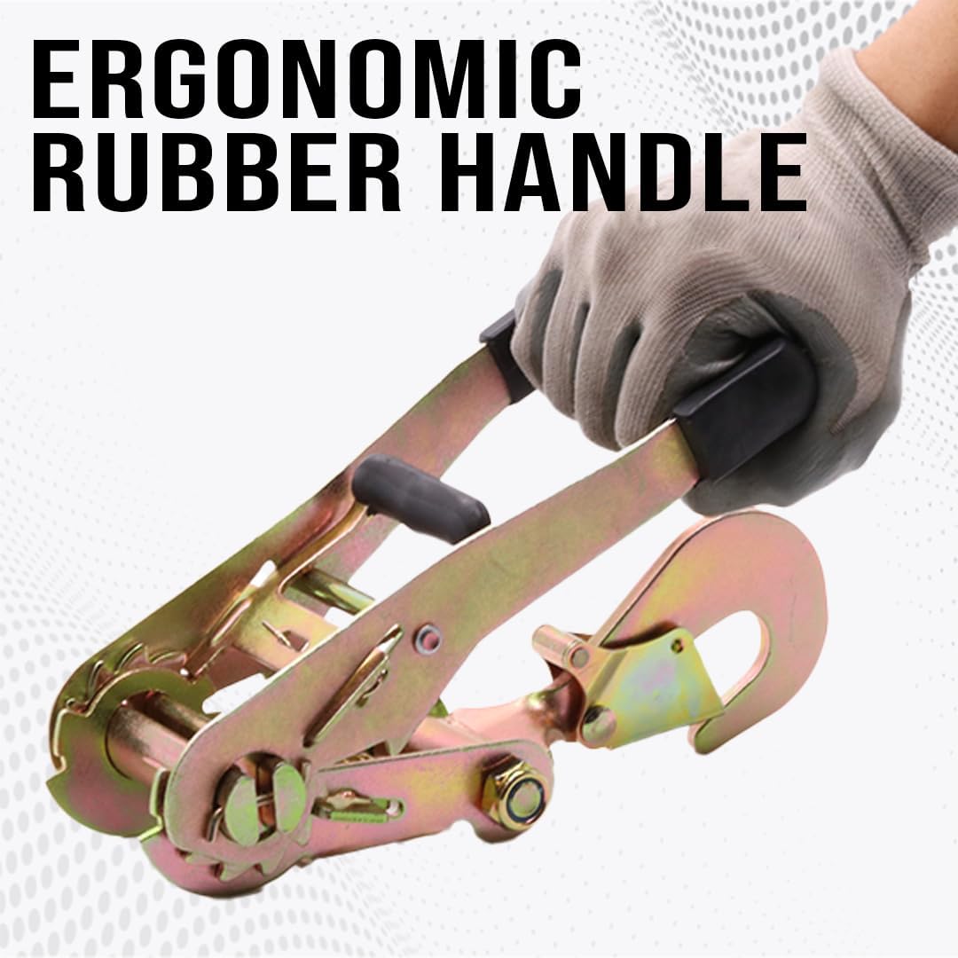 BoxerTool 4 Pack Heavy Duty Rubber Handle 2" Ratchet Buckle with Snap Hook, Double Locking, Breaking Strength 10,000lbs Towing Tie Down