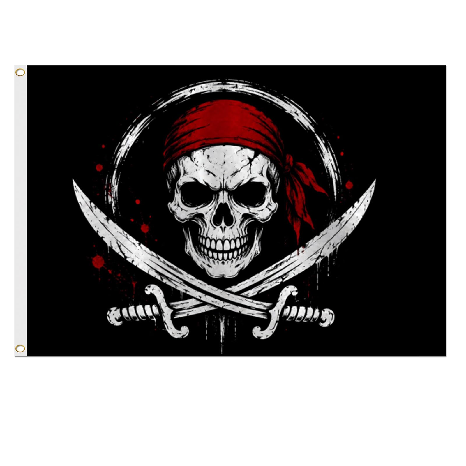 Pirate Party Flag, Polyester Pirate Banner, 5ft x 3ft Large Red Scarf Flag Double Sides with Brass Eyelets, Vivid Color Fade Proof, for Parties, Halloween Decor, Bar, Boat, Garden Decor