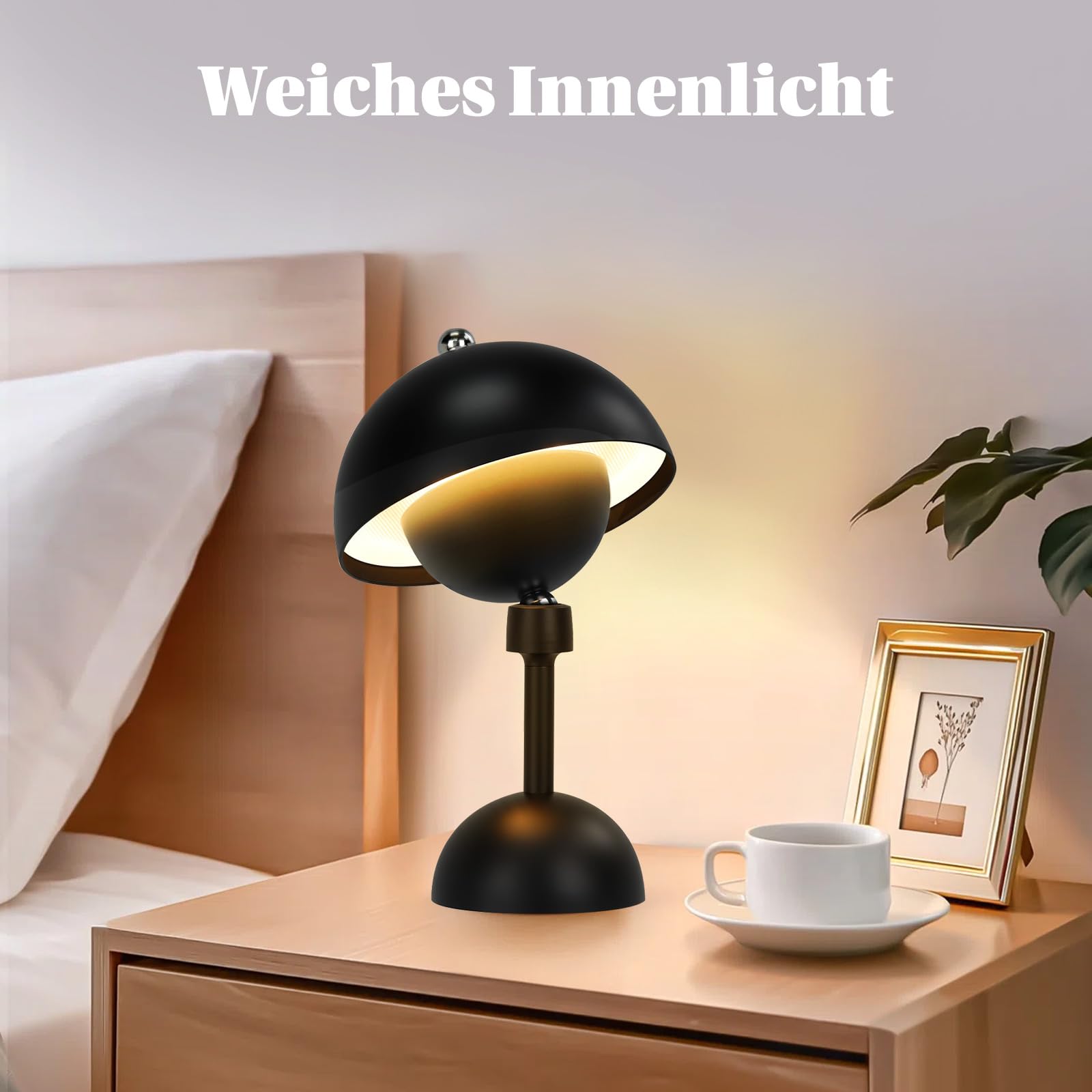 Rosnek Tischlampe Kabellose LED, 360° Magnet Schwenk Kabellose Pilz Lampe, 5000 mAh Dimmbare Akku, 3 FarbUnbegrenztes Dimmen Nachttischlampe, Outdoor/Indoor Tischlampe Akku (Schwarz, 2er Pack)