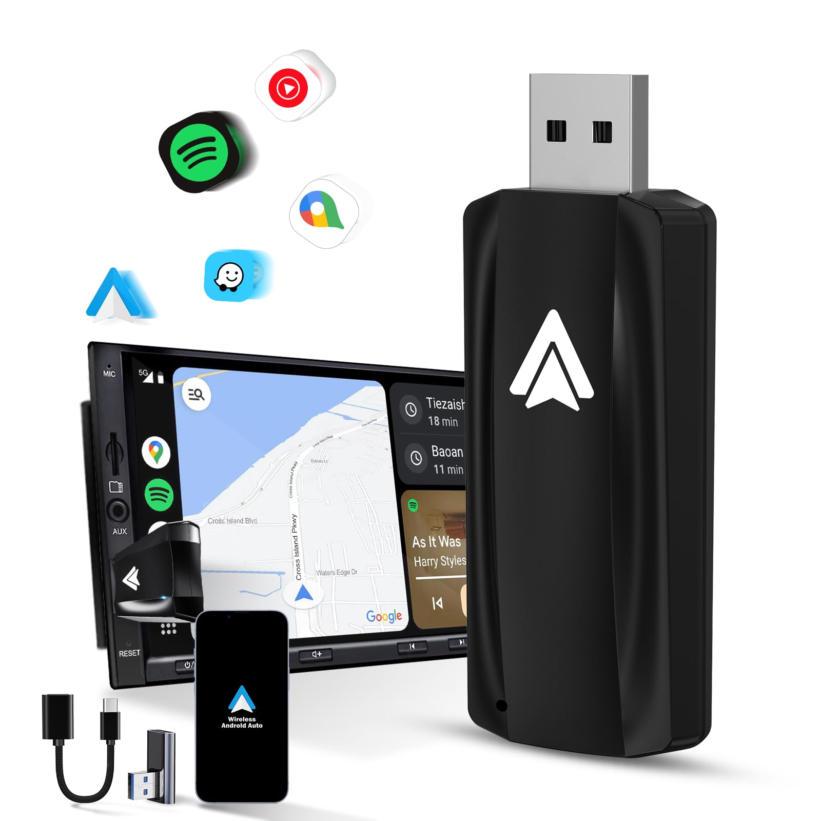 Android Auto Wireless Adapter for Car Android auto Small Car Dongle for OEM Wired Car Model 2017+ Play Plug USB C to A, USB A Extension Cable, 90 Degree USB A Adapter, 3 Adapters, Blackwhite