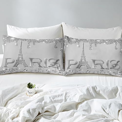Miniatura 5 de Erosebridal Juego de funda de edredón de París, tamaño King para niños y niñas y mujeres, con brillantina, diseño de torre Eiffel, funda de edredón
