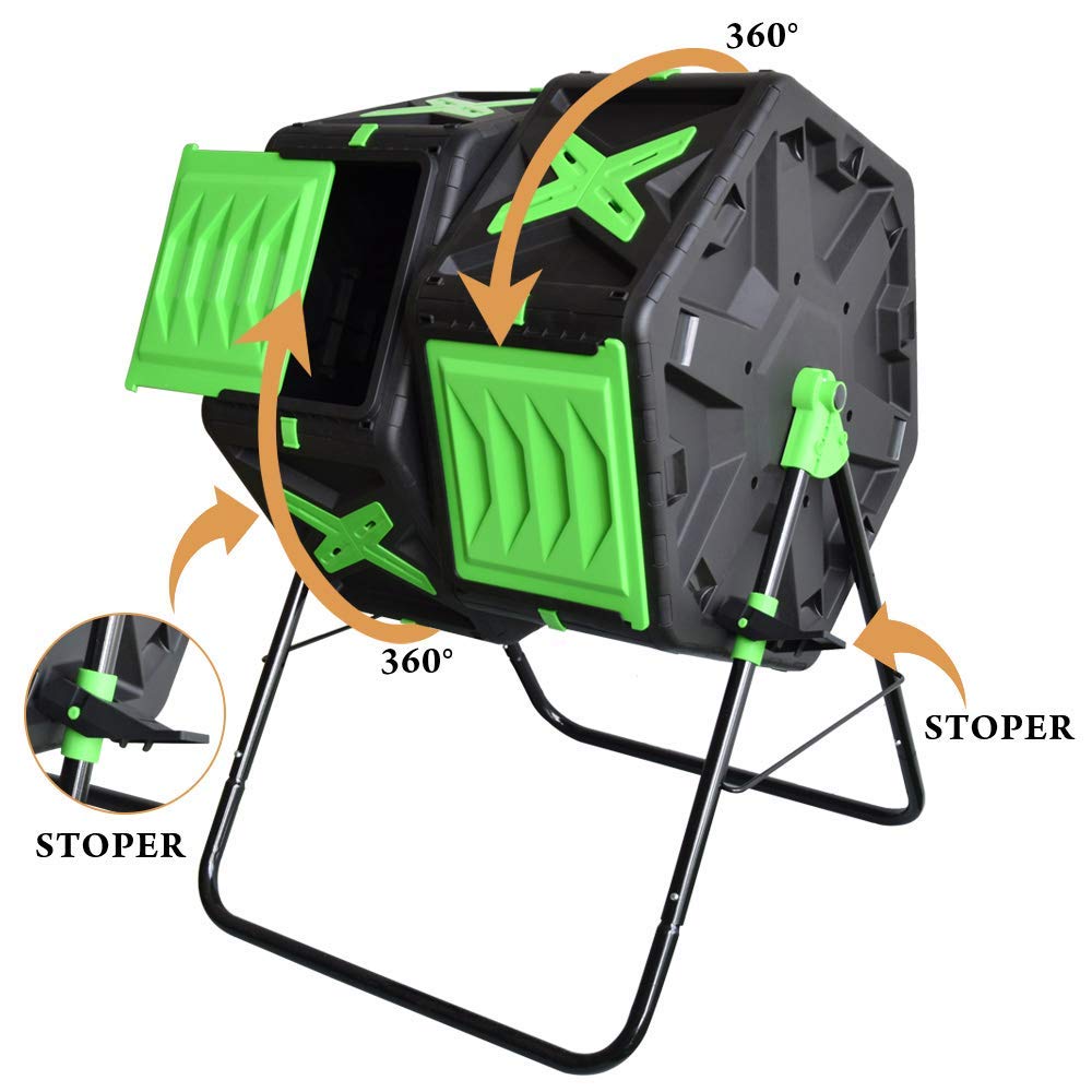Tumbling-Komposterbin, Doppelkammerkompost Tumbler mit Easy-Turn, schnell arbeitendes System für Garten, 140L, Schwarz & Grün