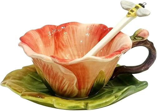 Ceramic Pansy Coffee Cup and Saucer Set with Spoon,6OZ 3D Hand-Painted Flower Tea Mug,Gift for Women Red