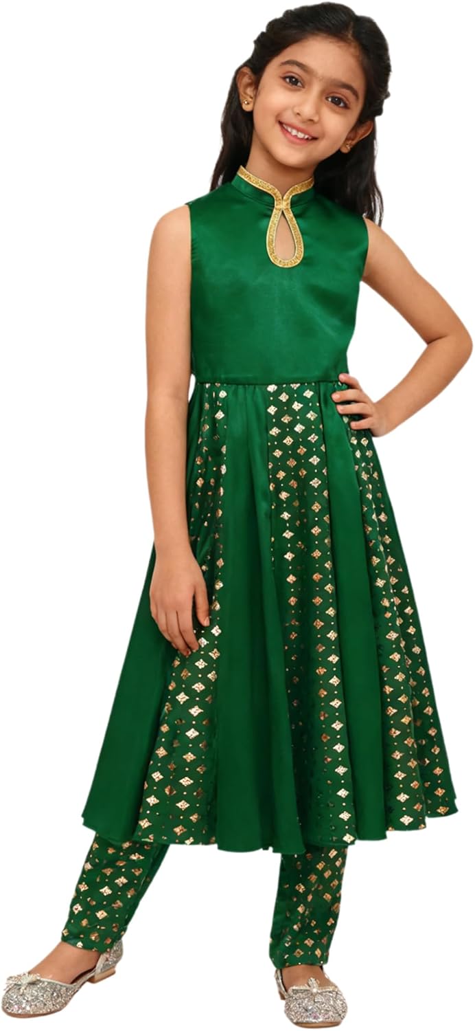 Hularka Indian Girls Metallic Floral Print Dress Set Festive Wedding Party Ethnic Wear Kurta with Pant