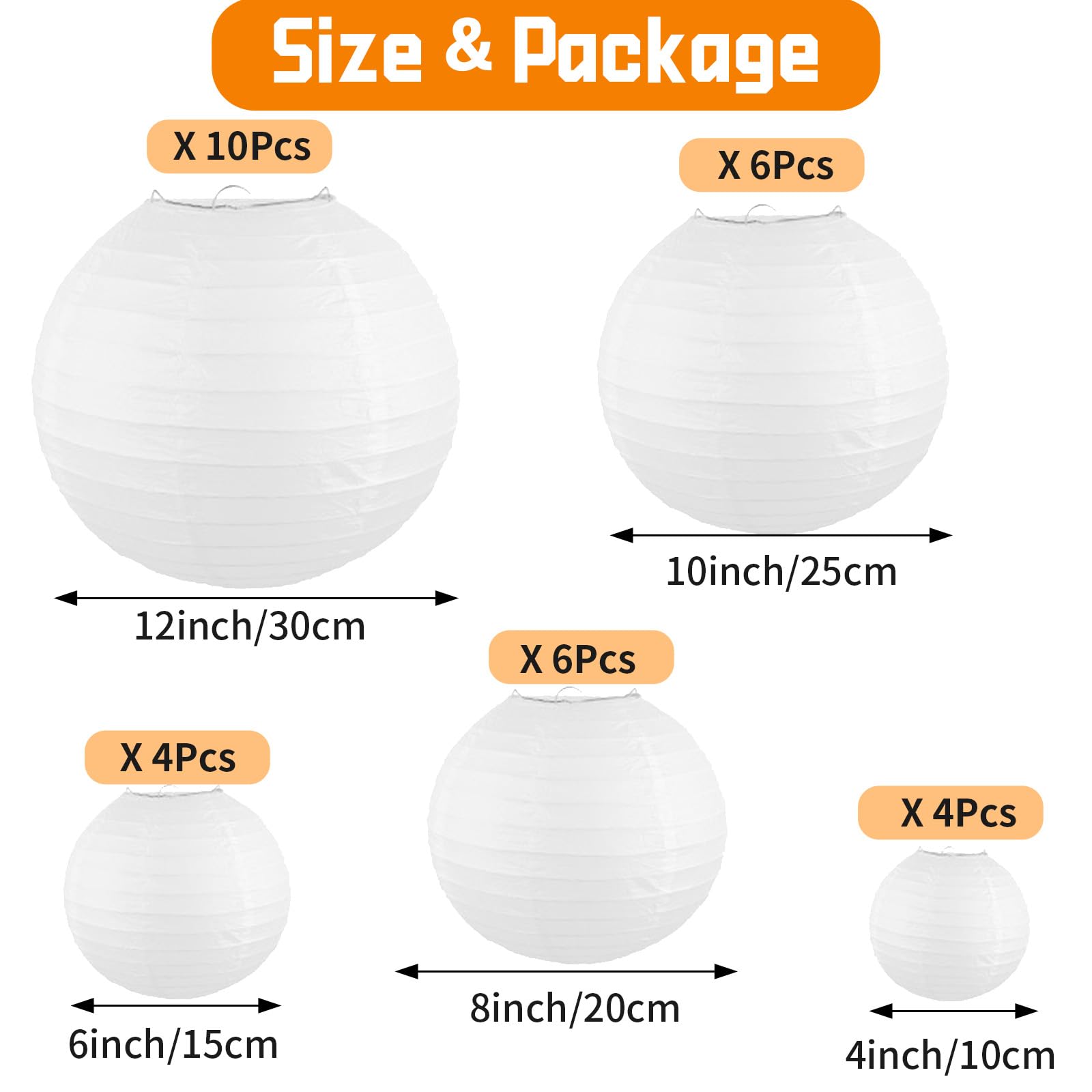 Lanterne Cinesi Da Appendere | 30 Pezzi In Carta Di Riso | Diametri 10-30 Cm | Per Feste, Matrimoni, Decorazioni - Foto 2