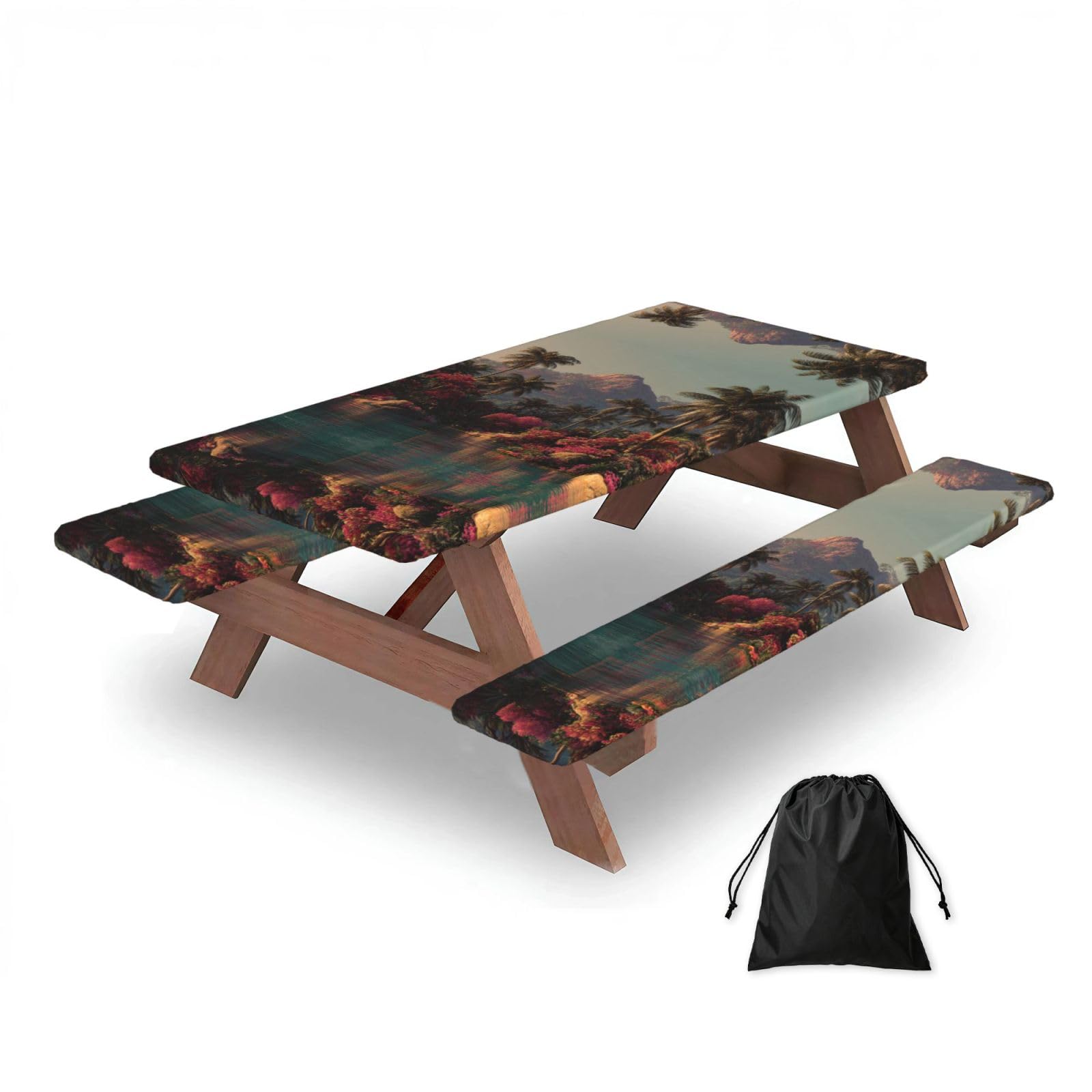 ESNAIUVCD Tropical Scenery Print Picnic Table Cover With Bench Covers,Camping Essentials,Fitted Tablecloth Cover With Elastic Edge, For Indoor & Outdoor 3 Pcs