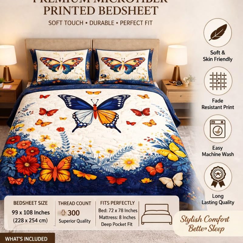 Image of Akshya Double Bedsheet King Size (90x100 Inch) with 2 Pillow Covers | 300 TC Microfiber Soft Bedsheet | Blue Butterfly Printed Designer Bedsheet for Double Bed