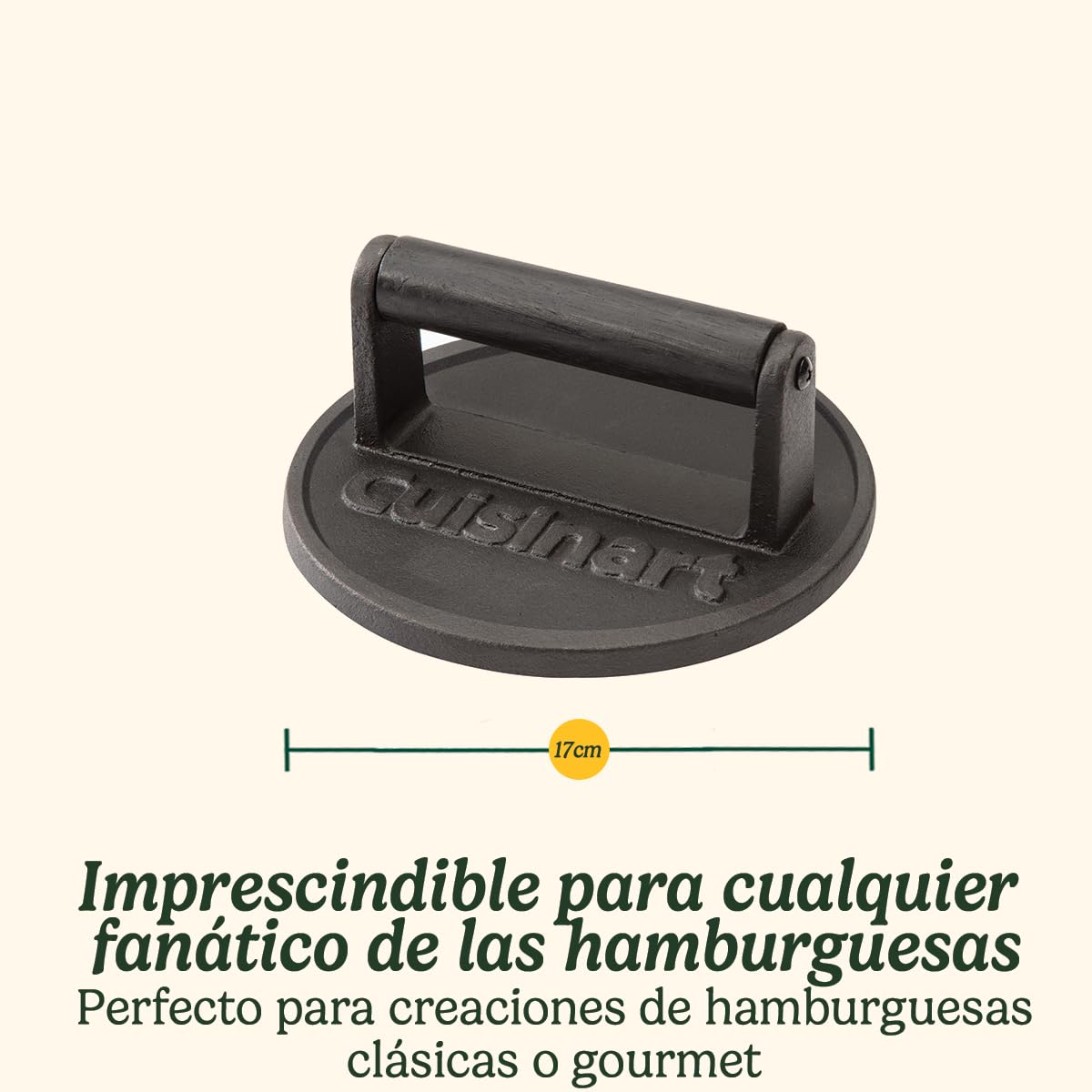 Cuisinart Prensa de hamburguesas de hierro fundido, resistente con mango resistente al calor, prensa de parrilla de 17 cm para hamburguesas, carne, sándwiches