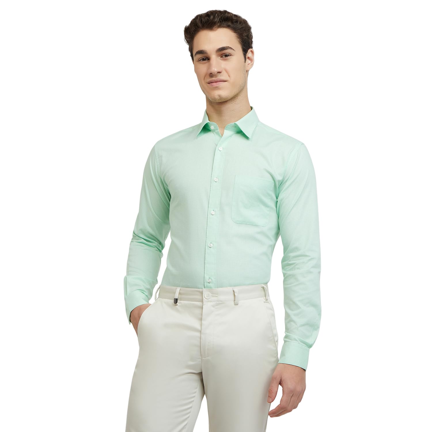 Raymond Men's Pure Cotton Checks Pattern Slim Fit Semi Cutaway Collar Full Sleeve Formal Shirt