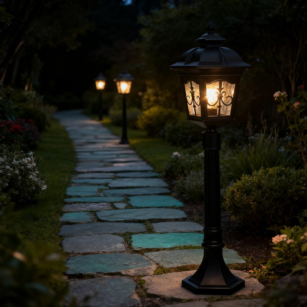XINYASEE Lampione da esterno in alluminio nero, impermeabile, con paralume in vetro satinato; Palo luminoso a palo E27, ideale per cortili, vialetti, cortili e vialetti del giardino