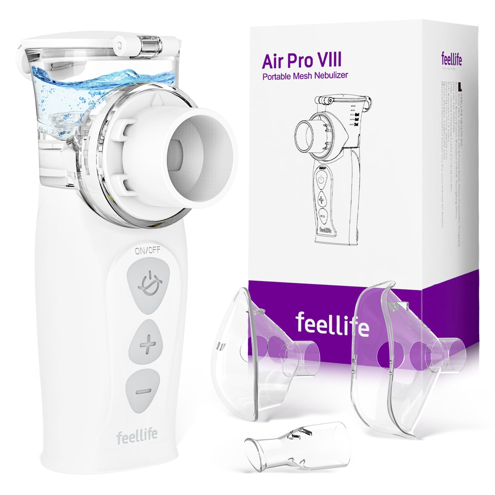 FEELLIFE Nebulizador Portatil Tasa de Atomización Ajustable, Nebulizador Adultos y Bebe para Tratamiento de Tos Asma, Enfermedades Respiratorias, Nebulizador malla vibración Silencioso