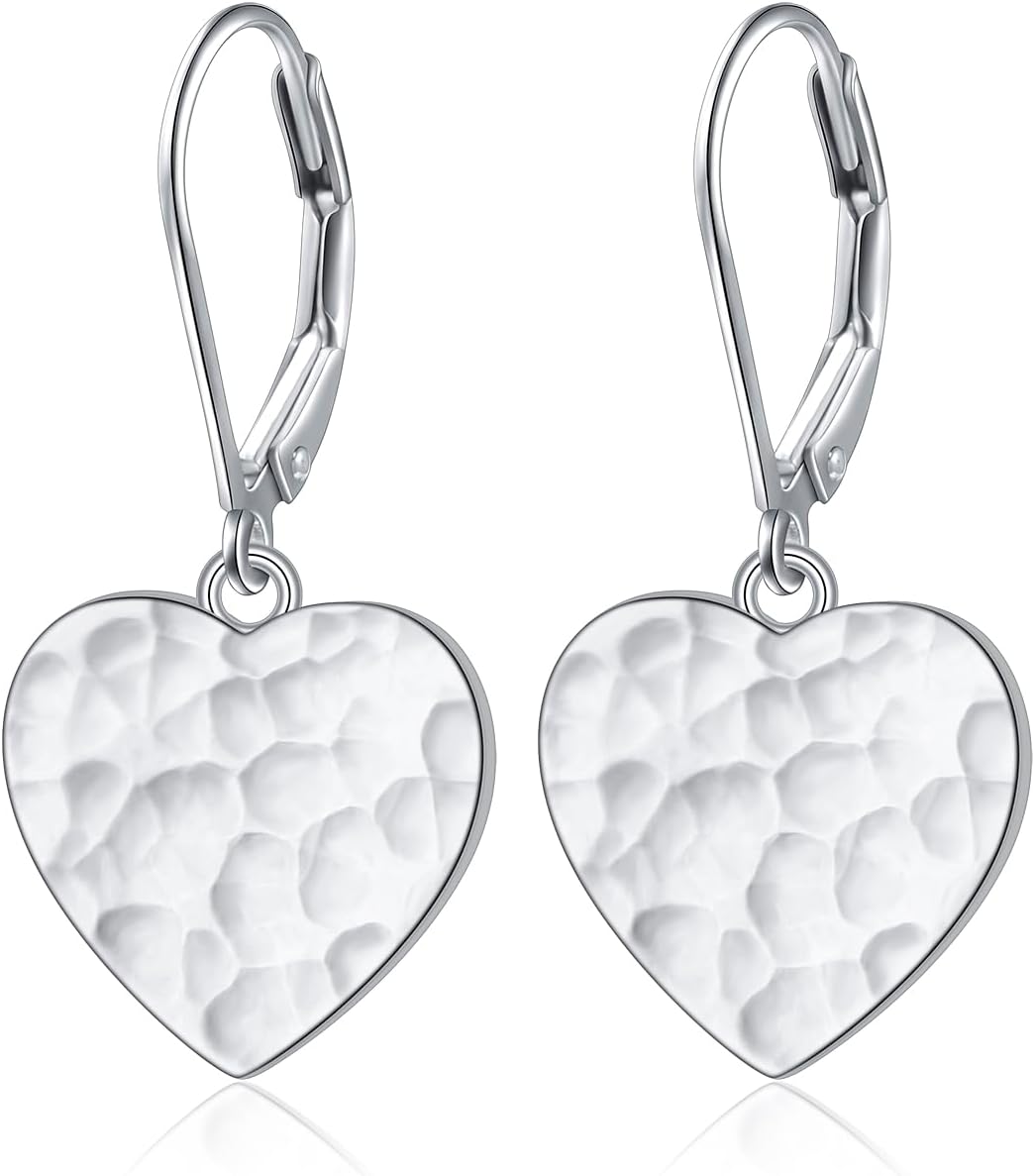 Valentines Day Gifts S925 Sterling Silver Heart Dangle Drop Leverback Clasp Lever back Earrings for Women Jewelry