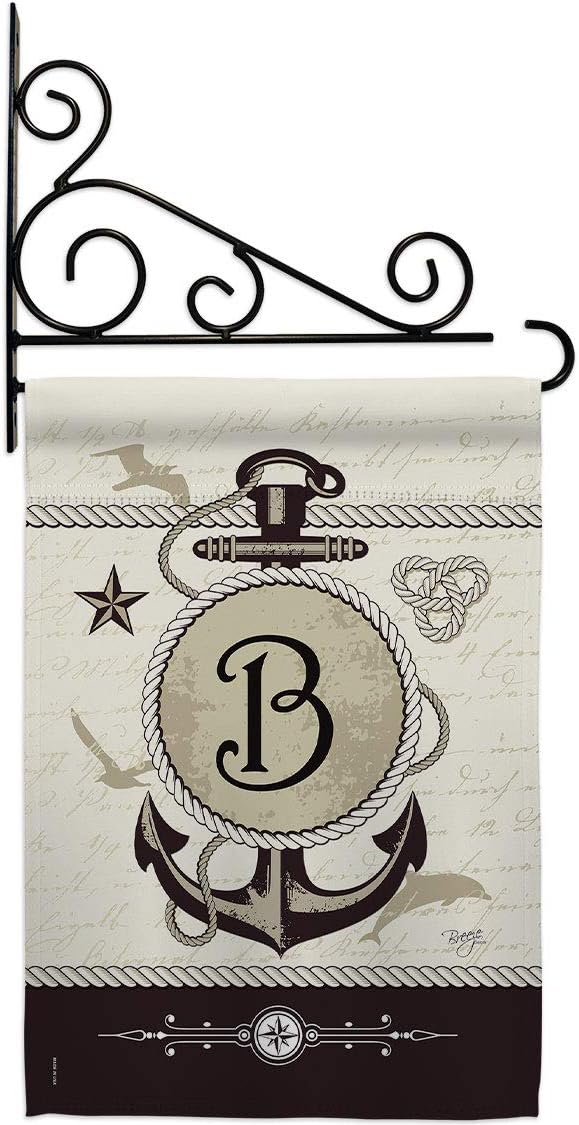 Nautical B Initial Garden Flag Set Wall Holder Monogram Coastal Anchor Sailor Sea Shells Outdoor Summer Ocean Small Decorative Gift Yard House Banner Made In USA 13 X 18.5