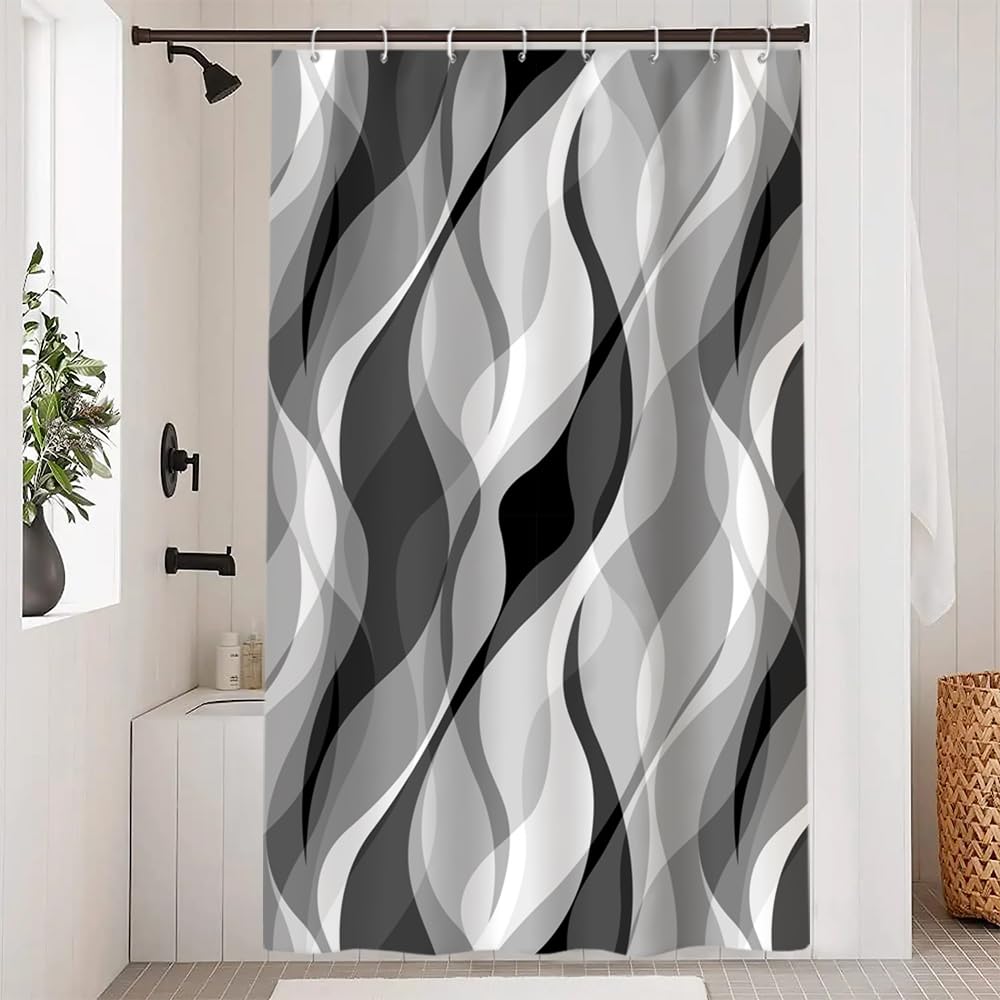Uiiooazy Cortina de ducha gris, cortina de ducha, diseño geométrico abstracto, rayas líneas, cortinas de ducha, antimoho, tela de poliéster, lavable, cortina de baño con 8 ganchos para cuarto de baño,
