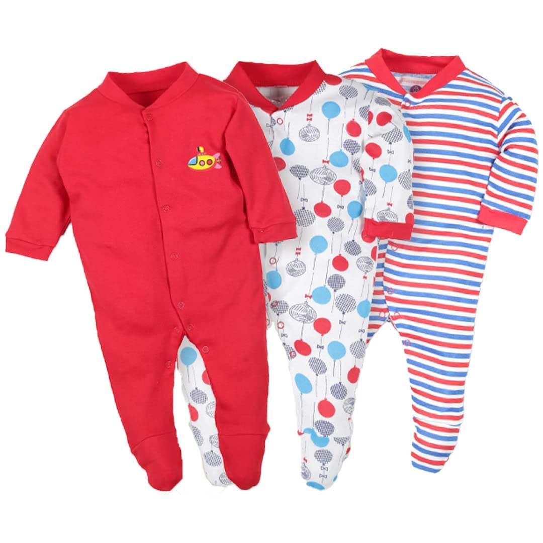 BABY STATION 100% Cotton Rompers/Sleepsuits/Jumpsuit/Night Suits for Baby Boys & Girls, Infants, New Borns (Red, New Born)