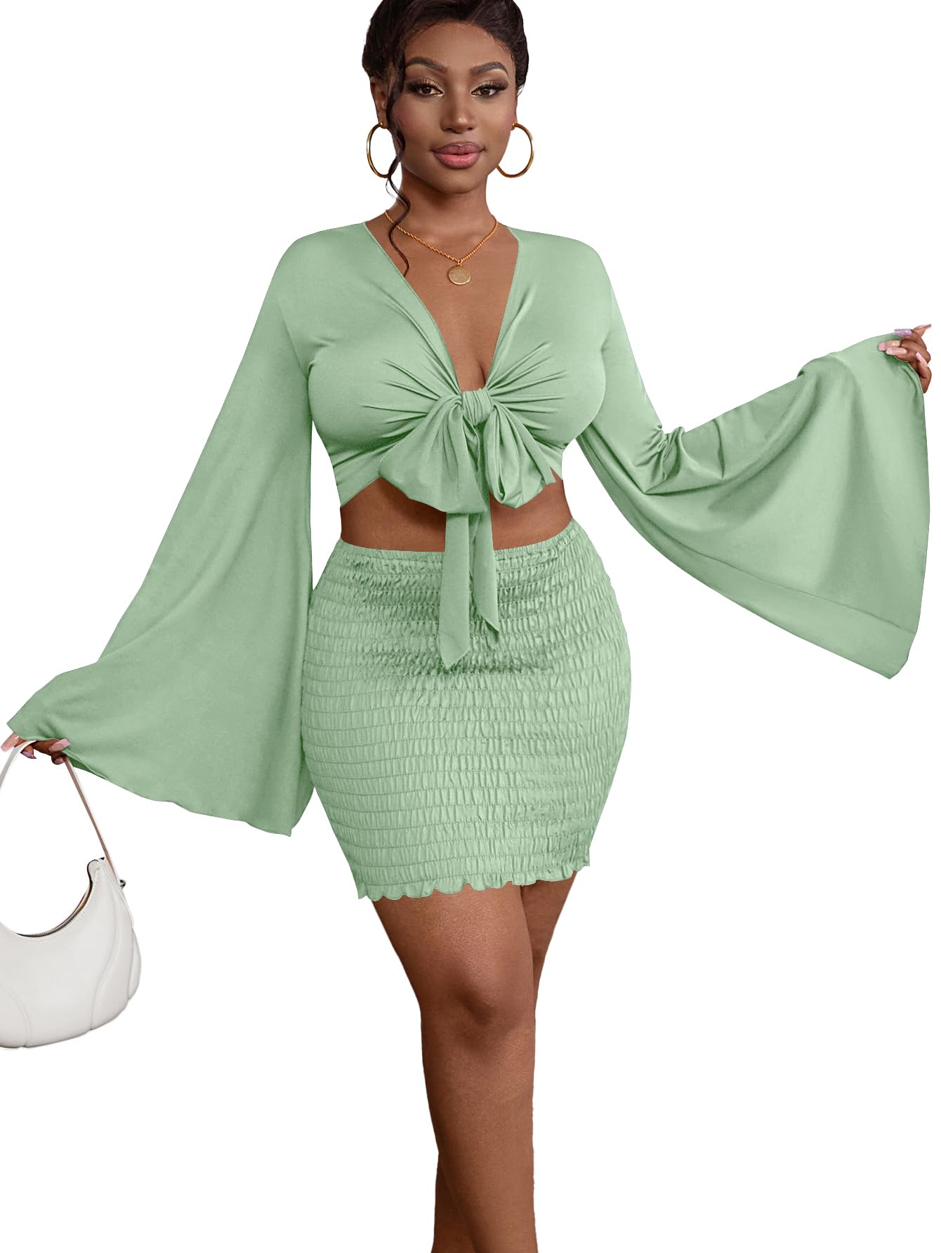 LYANER Women's 2 Piece Outfits Tie Knot Front Bell Long Sleeve Crop Top and Mini Skirt Set