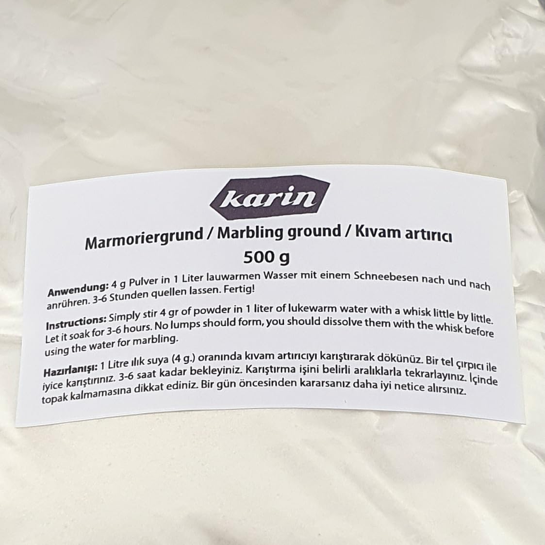 Karin Verdickungsmittel – Natürliches Tragantpulver für Ebru – 500 g Wasserverdicker für Marmorierkunst – Geeignet für Anfänger & Profis – Ideal für klare Muster auf der Wasseroberfläche