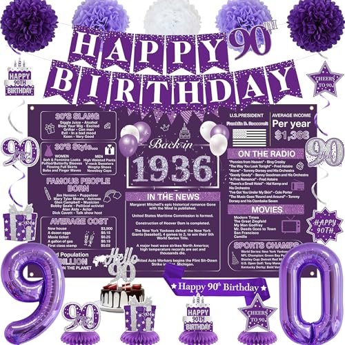 Image of Crenics Purple 90th Birthday Decorations for Women - Back in 1936 Backdrop, Banner, Swirls, Centerpieces, Sash, Paper Pom Poms, Cake Topper and Balloons for 90 Birthday Party Supplies