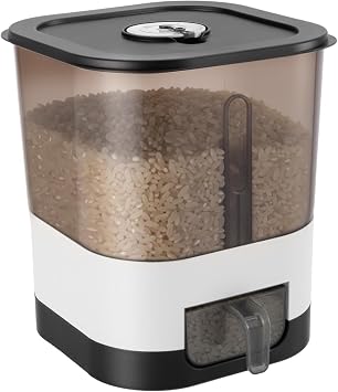 Rice Storage Container 14LB/25LB Durable Plastic Rice Bin White&Black/Transparent&Black for Kitchen Dry Grain Storage Transparent&Black, 14LB