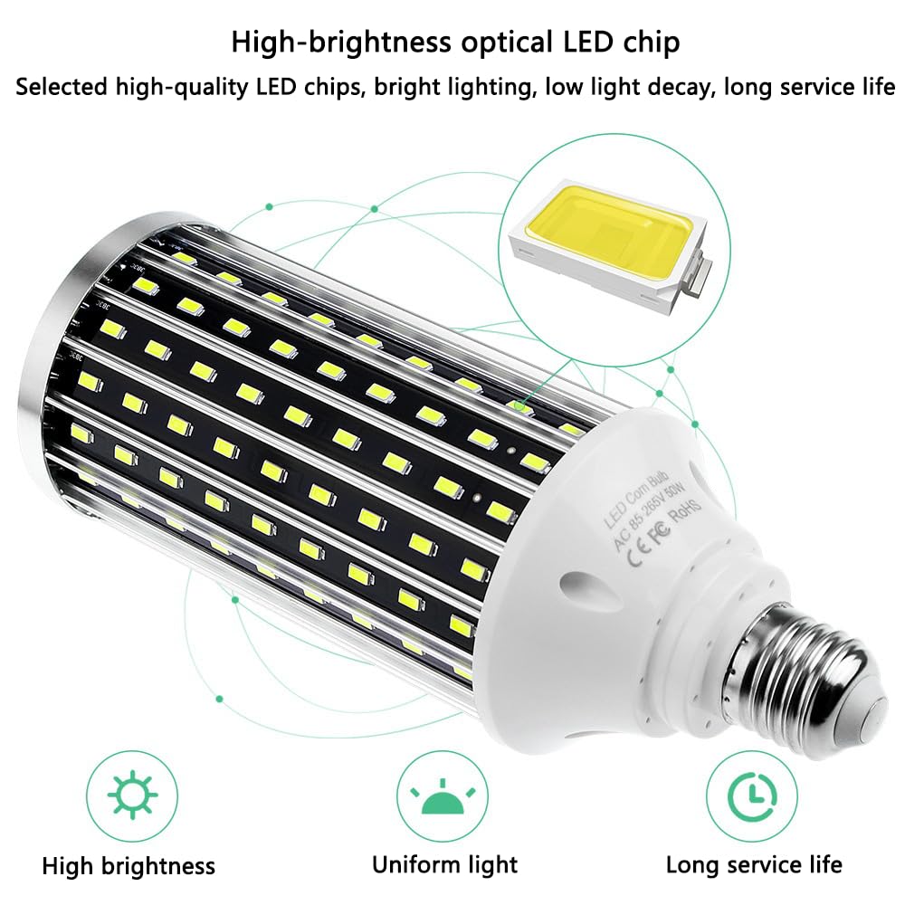 Paquete de 2/5 Bombillas Led Superbrillantes de Maíz de Alta Potencia, 50 W, Ventilador de Iluminación, Luz de Maíz, Lámpara de Maíz Luminosa de 360 ​​Grados, Bombilla Led para Iluminación d