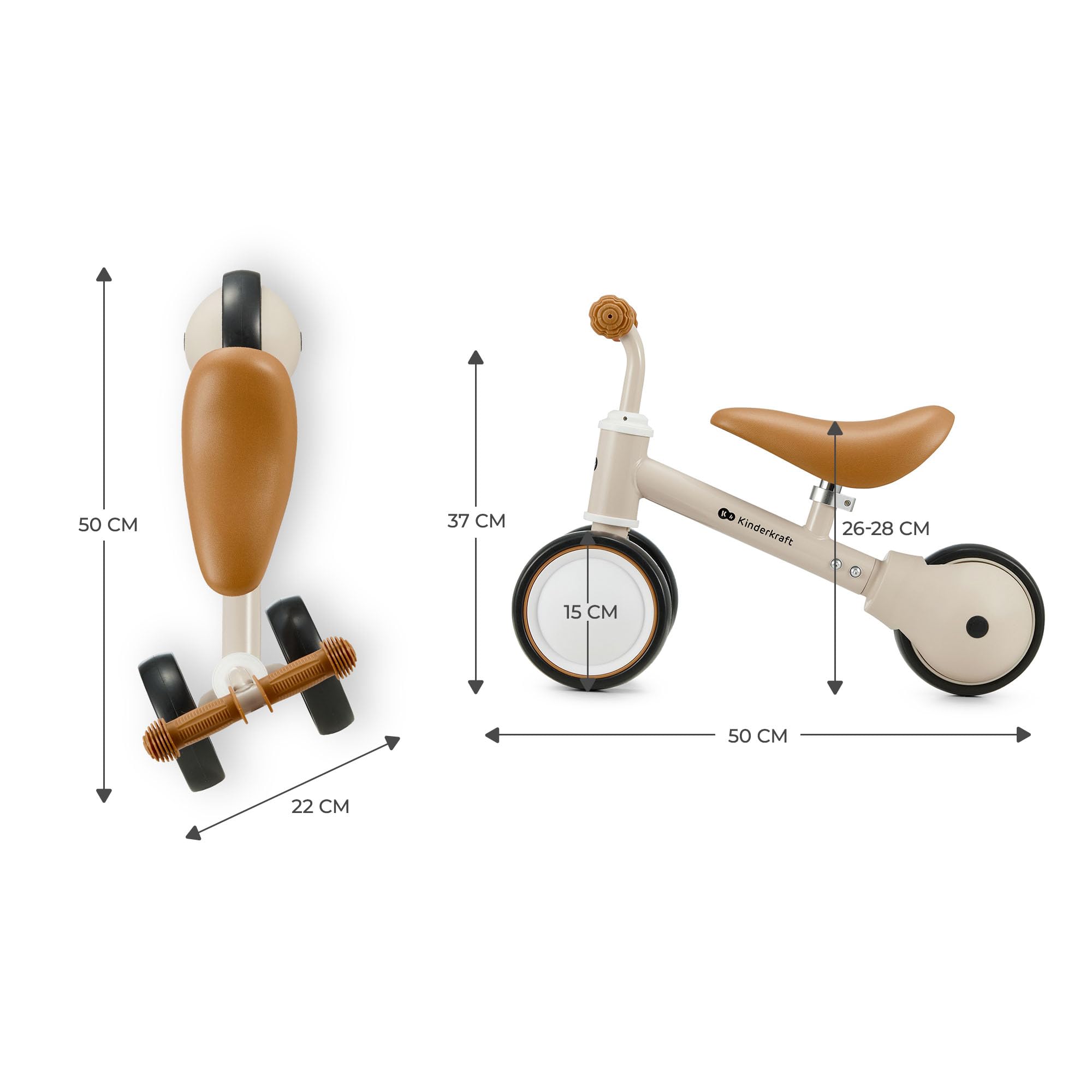 Kinderkraft Cutie Draisienne en Métal, Vélo 3-en-1, Vélo sans Pédales, Vélo Bébé, Siège Réglable (de 26 à 28 cm)., Sûr et Pratique, Poids léger, Trois Roues, 1 an à 15 kg, Beige