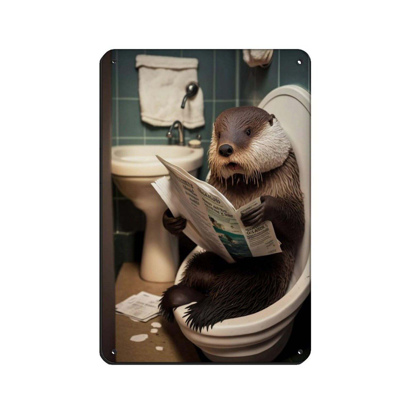 Lxwnze 20L X 30W Cm Otter Sitting On The Toilet Reading A Newspaper Retro Poster Metal Tin Sign Chic Art Retro Iron Painting Bar People Cave Cafe Family Garage Poster Wall Decoration 8X12inch(20X30cm)