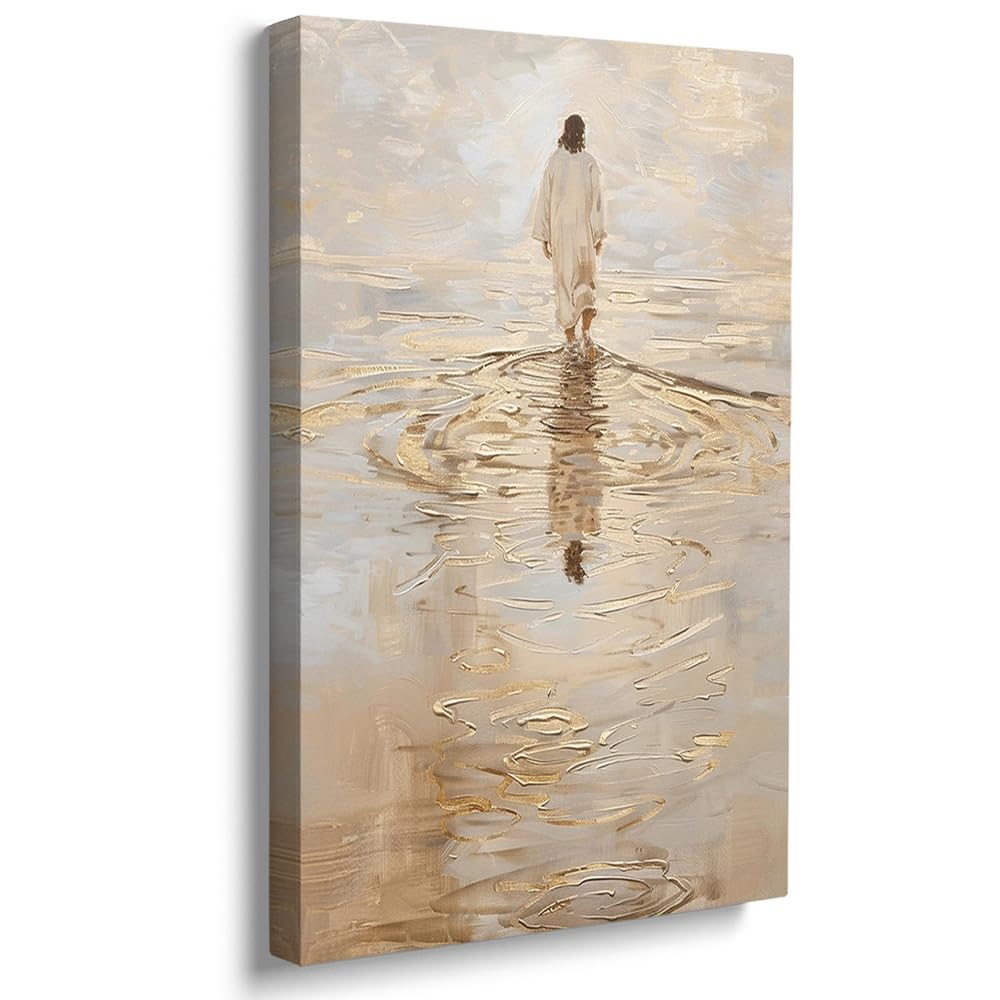 Reateforin Jesus Christ Walking on Water Pictures - Christian Art - Jesus Portrait - I Will Walk With Christ - LDS - Oil Painting - Bible Verse - 24