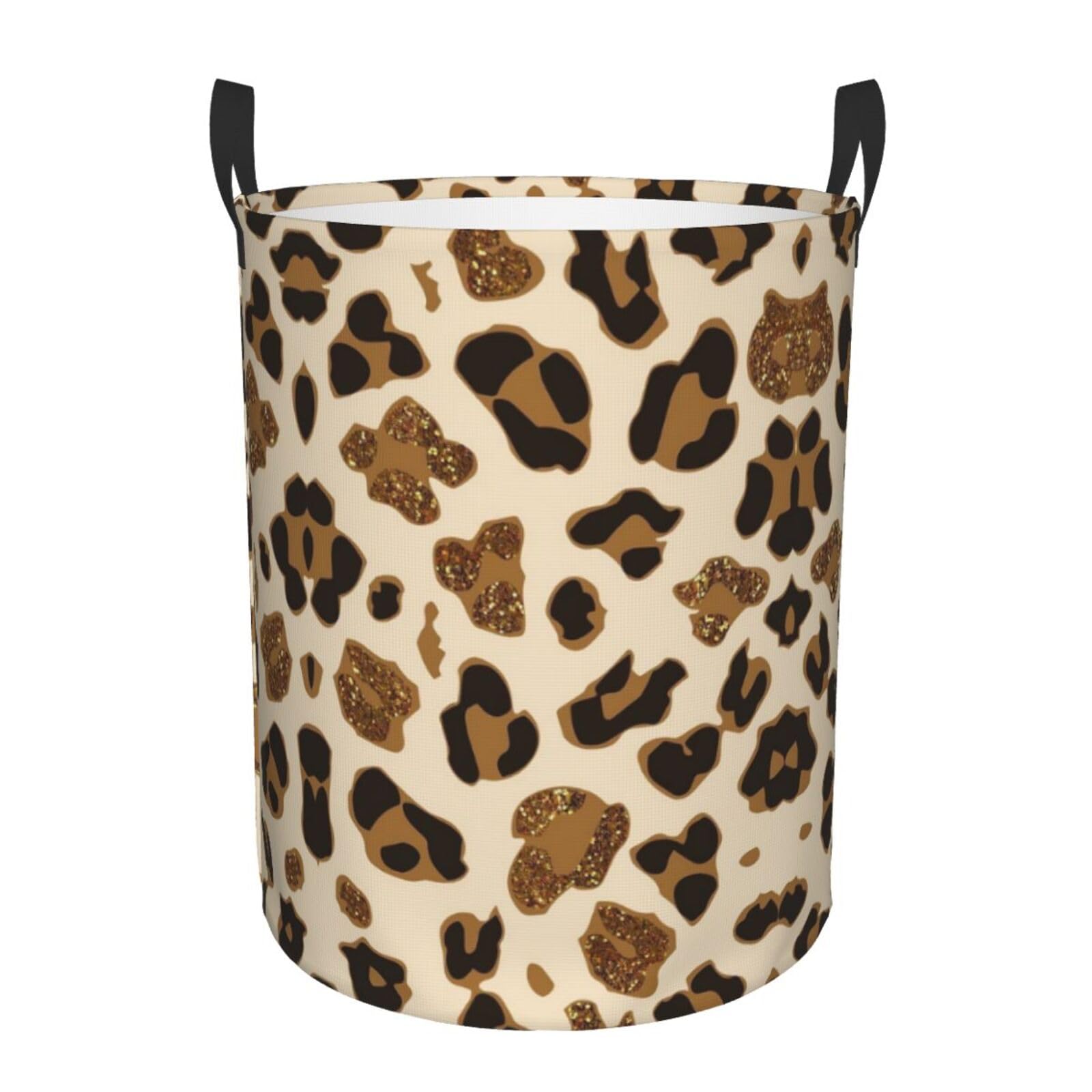 Esasam Black Animal Leopard Print Round Laundry Basket With Handles Waterproof Laundry Hamper For Bathroom Circular Storage Basket