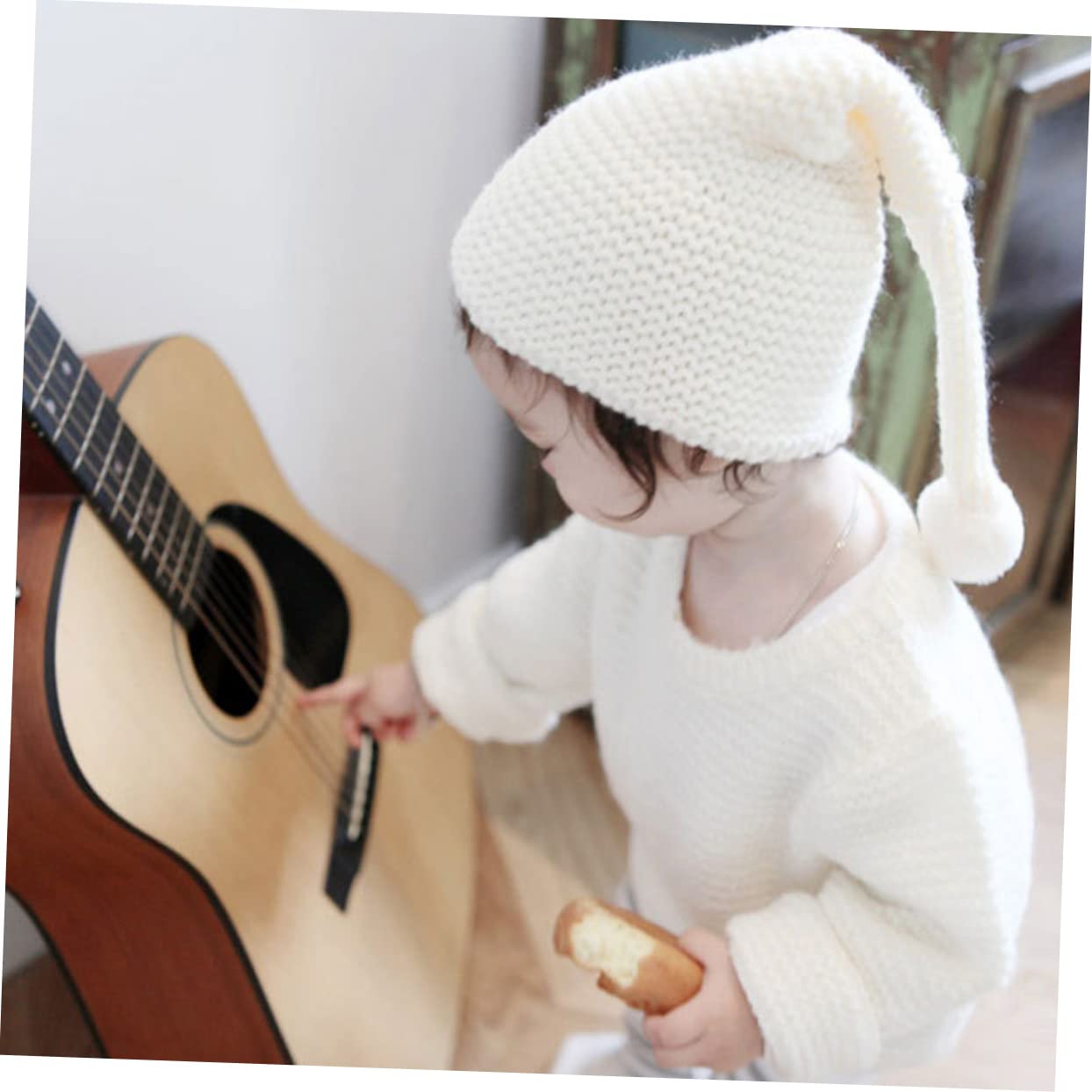 NOLITOY Hats for Girls 2 Pack Kids Santa Hats Knitted Woolen Yarn Fluffy Ball Cap Infants Long Tail Warm Red