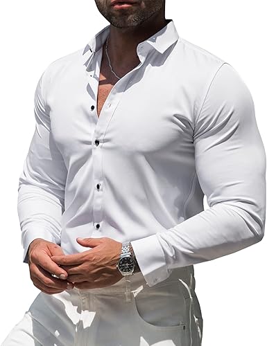 RPOVIG Camisas de vestir musculares para hombre camisa casual de manga larga con botones, elástica, ajuste atlético, sin arrugas