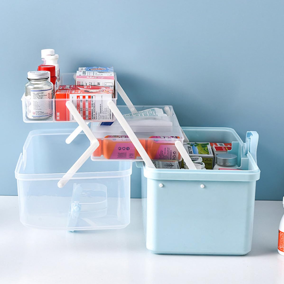 MAGICLULU Botiquín Médico Doméstico Grande de Plástico Azul Diseño de Compartimentos y Asa, Caja para Guardar Medicinas Adecuado para Uso en Casa y Exteriores