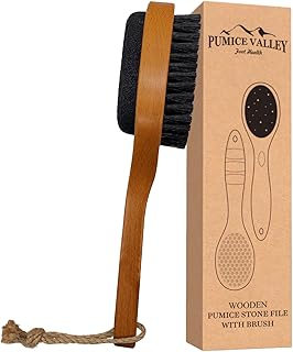 Pumice Stone for Feet & Foot Brush with Handle 2-in-1 Natural Wood Pedicure Scrubber for Shower - Double-Sided Pumice Foot...