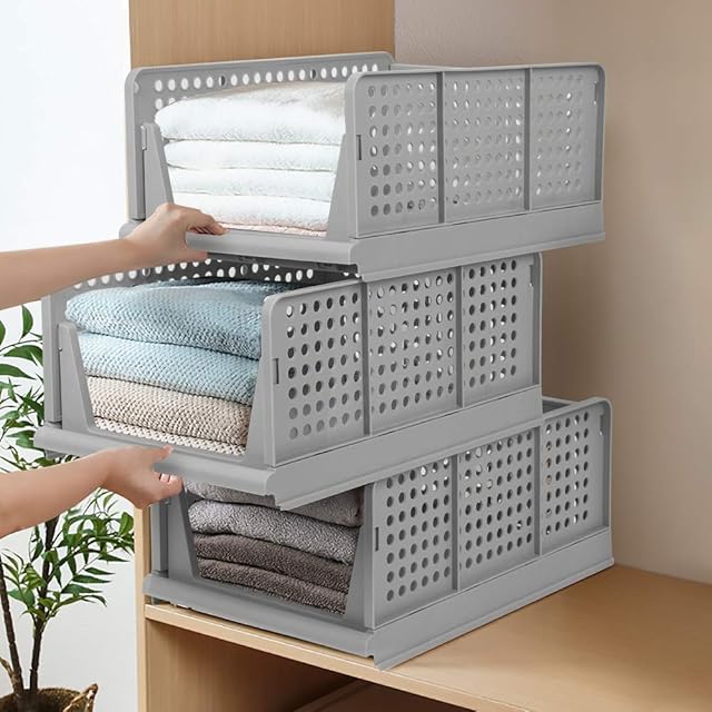Wardrobe Storage Box, Pack of 4 Wardrobe Storage Organiser Drawer Shelf Plastic Storage Basket Wardrobe Organiser Shelves Foldable Closet Containers Bin for Home Office Bedroom Laundry Clothes (Gray)