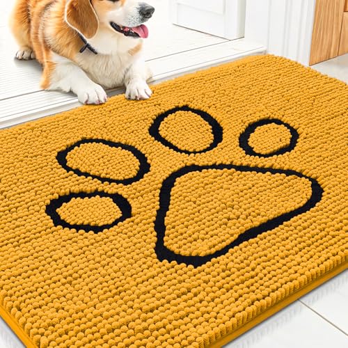 Image of Smiry Dog Door Mat for Muddy Paws, Absorbent Dirt Trapper Non Slip Quick Dry Washable Chenille Mat for Mud Dogs, Entry Rug for Indoor and Outdoor (30x20 Inches, Golden Yellow and Black)