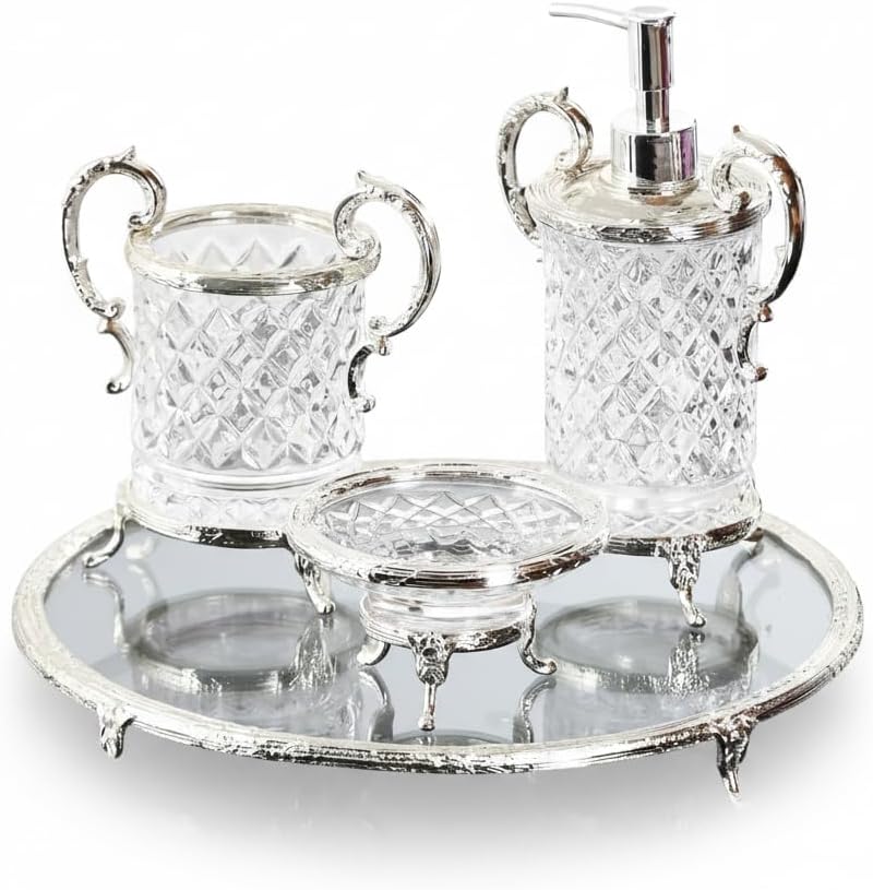 Bathroom Accessory Set with Tray, Personalized Glass Soap Dispenser Set, Vanity Decor, Handmade Luxury Bathroom Set Gift (Silver Set)