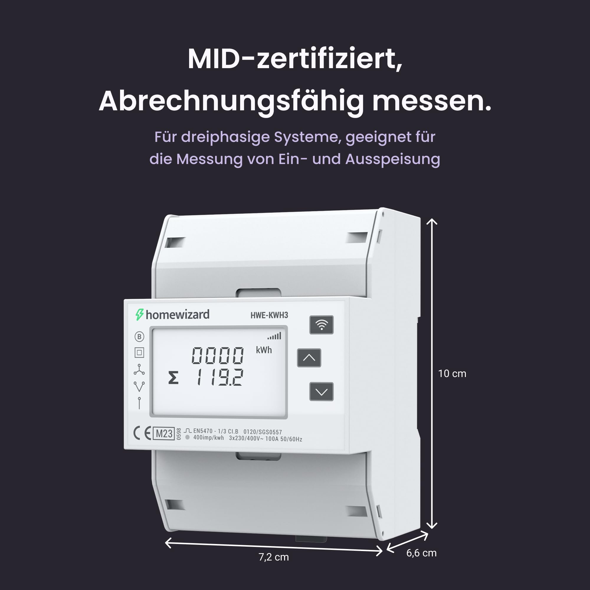 HomeWizard kWh Meter WLAN 3 Phasen, MID zertifizierter Stromzähler | 35 mm DIN Schiene, 100A 230V, für Solar, Wärmepumpe, Elektroauto und Balkonkraftwerk