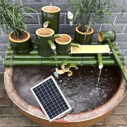 Zestaw solarnych fontann bambusowych – 3-poziomowa fontanna wodna z pompą, panel słoneczny 10 W, filtr wody i rurka wodna 2 m, do użytku wewnątrz i na zewnątrz