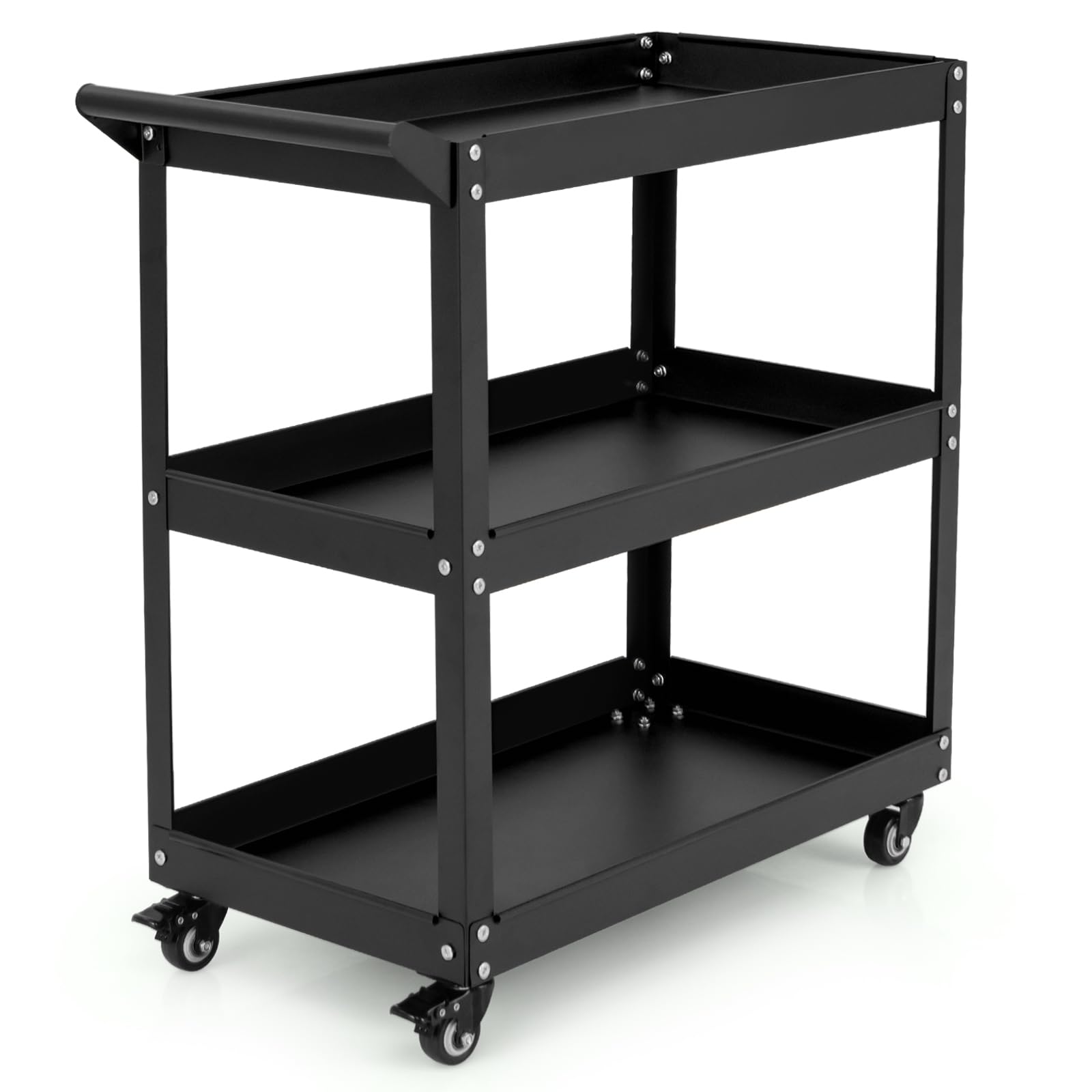 COSTWAY Carrello Portautensili a 3 Livelli, Carrello Metallico Resistente con 3 Ripiani, 4 Ruote Universali con 2 Freni, per Garage, Casa, Magazzino, 73 x 36 x 75 cm (Nero)