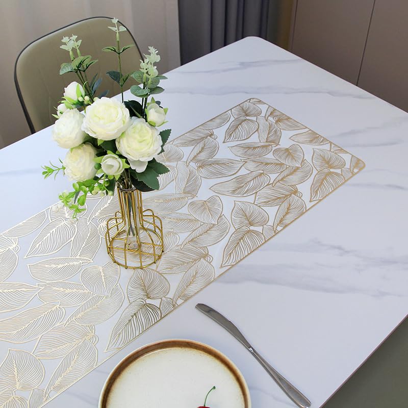 Hosoncovy PVC Table Runner Non-slip Decorative Leaf Table Mats Placemat for Home Party Kitchen Dining Wedding Decor (91CM X 33CM) (Gold) - Image 2