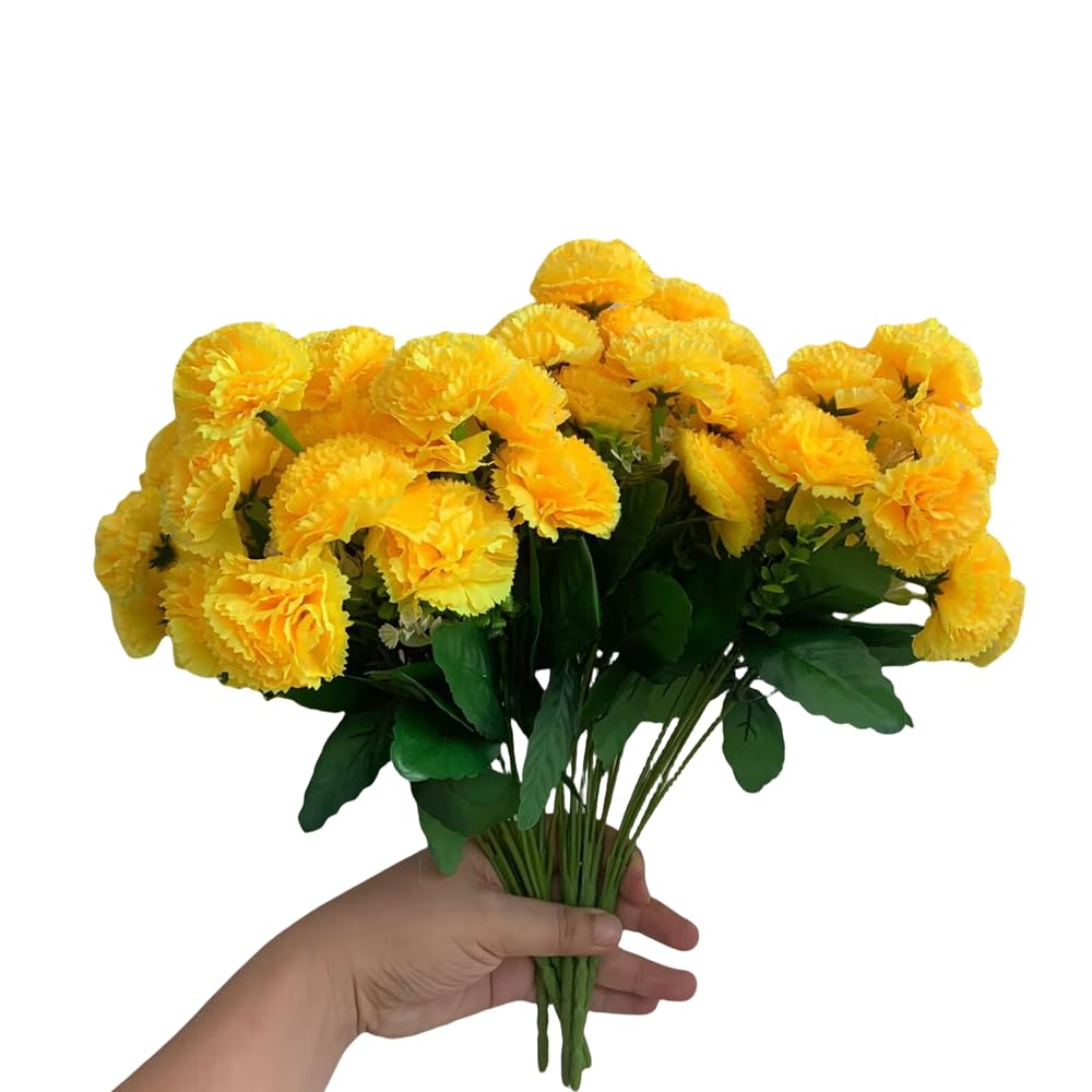 CURTEK 6 Bunches Bouquet of Artificial Silk Flower Carnations 14.2inch Fake Carnations Plastic Flowers 12 Flower Heads Per Bunch for Home Wedding Party Decoration (Yellow)