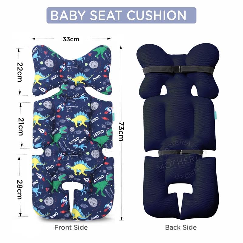Image of Motherly Baby Stroller Seat Cushion | Reversible and Universal Fit Pad for Strollers, High Chairs, Car Seats & Rockers | Soft, Breathable Pram Liner with Secure Straps & Safety Belt Slot