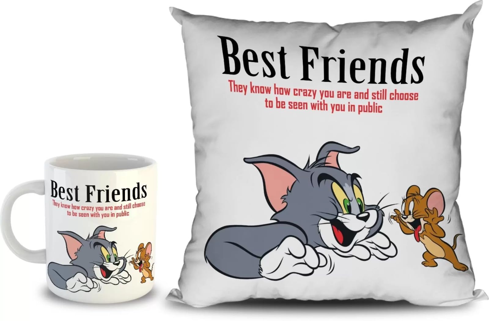 Godara Fashion Tom & Jerry Best Friends Quote Cushion Cartoon Pillow with Printed on Ceramic White Coffee Mug Gift for Filler Kids Boys Satin