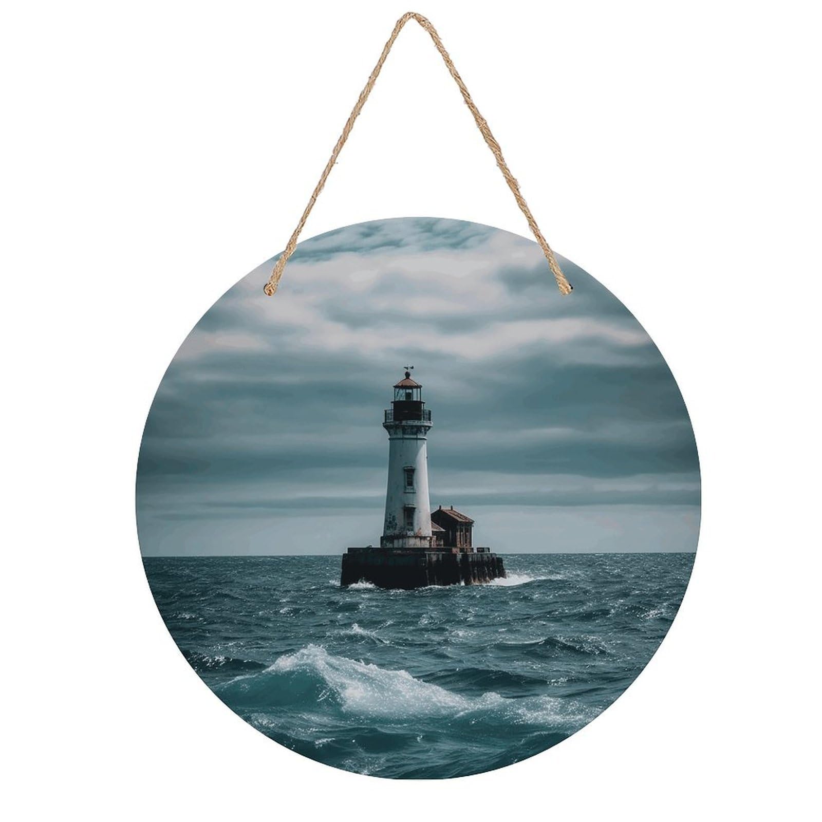 LZQPOEAS Lighthouse Ocean Round Wood Wall Art Painting, 7.9 Inch Circular Wooden Door Hanger Decorative Paintings, Rope-Hanging Wooden Wall Plaque for Home Decor And Office Party