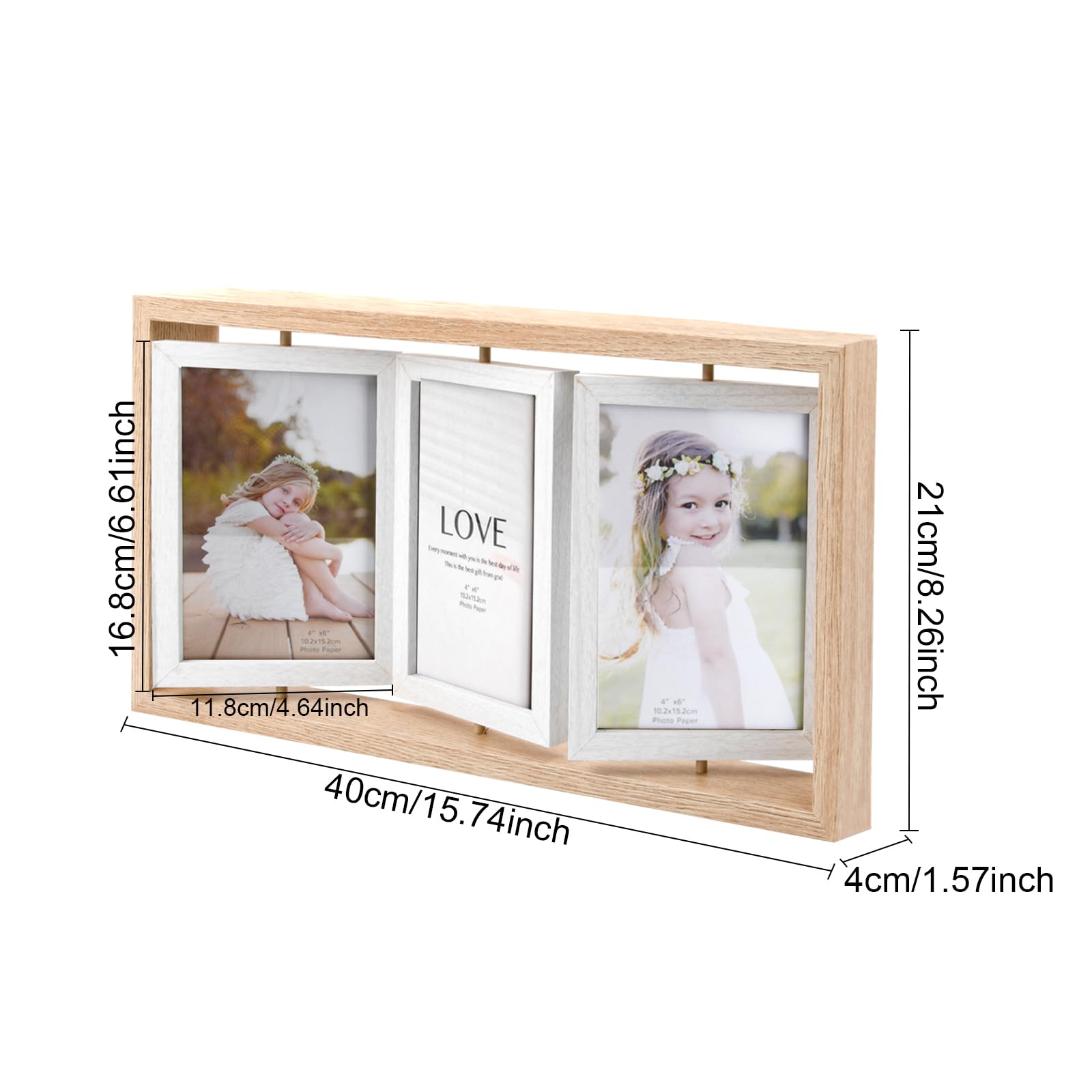 Zamety Cadre Photo 10x15 Rotatif, Double Face Cadre Photo Bois, Picture Frame Pour 4 Photos, Double Pictures Frames Affichage Vertical Ou Horizontal Pour Famille, Anniversaires Et Mariages