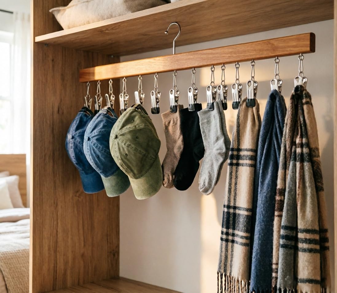 2026 Upgraded Pure Wood Rotating Closet Organizer with 12 Clips - 360° Rotating Legging Hangers for Closet, Space Saving Wooden Pants Hanger for Jeans, Skirts(B-4PCS)