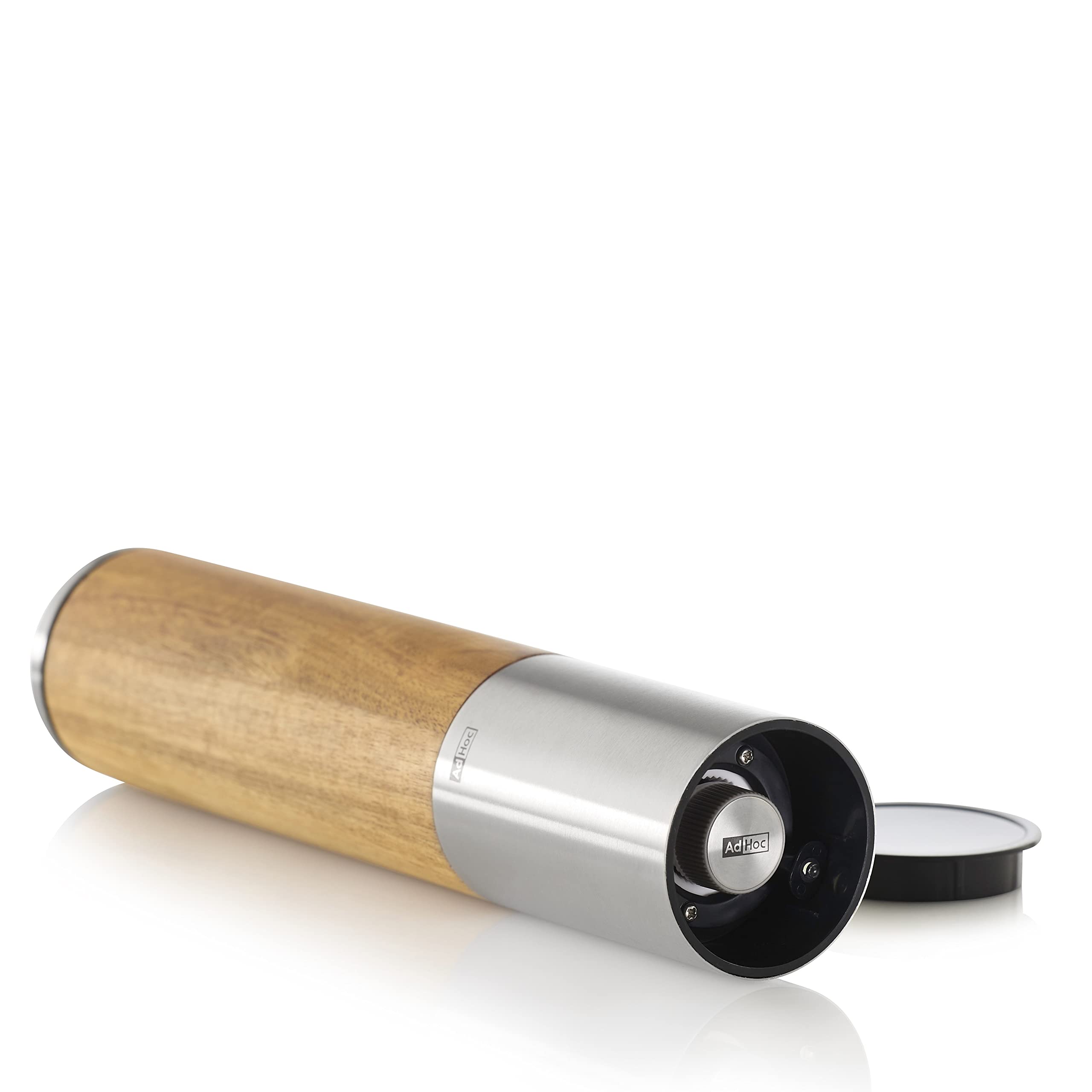 AdHoc eMill.5 Elektrische Pfeffer- oder Salzmühle, Gewürzmühle in Silber | Einhandbedienung per Knopfdruck, stufenlos verstellbares Keramikmahlwerk, Akazienholz & Edelstahl, inkl. Batterien