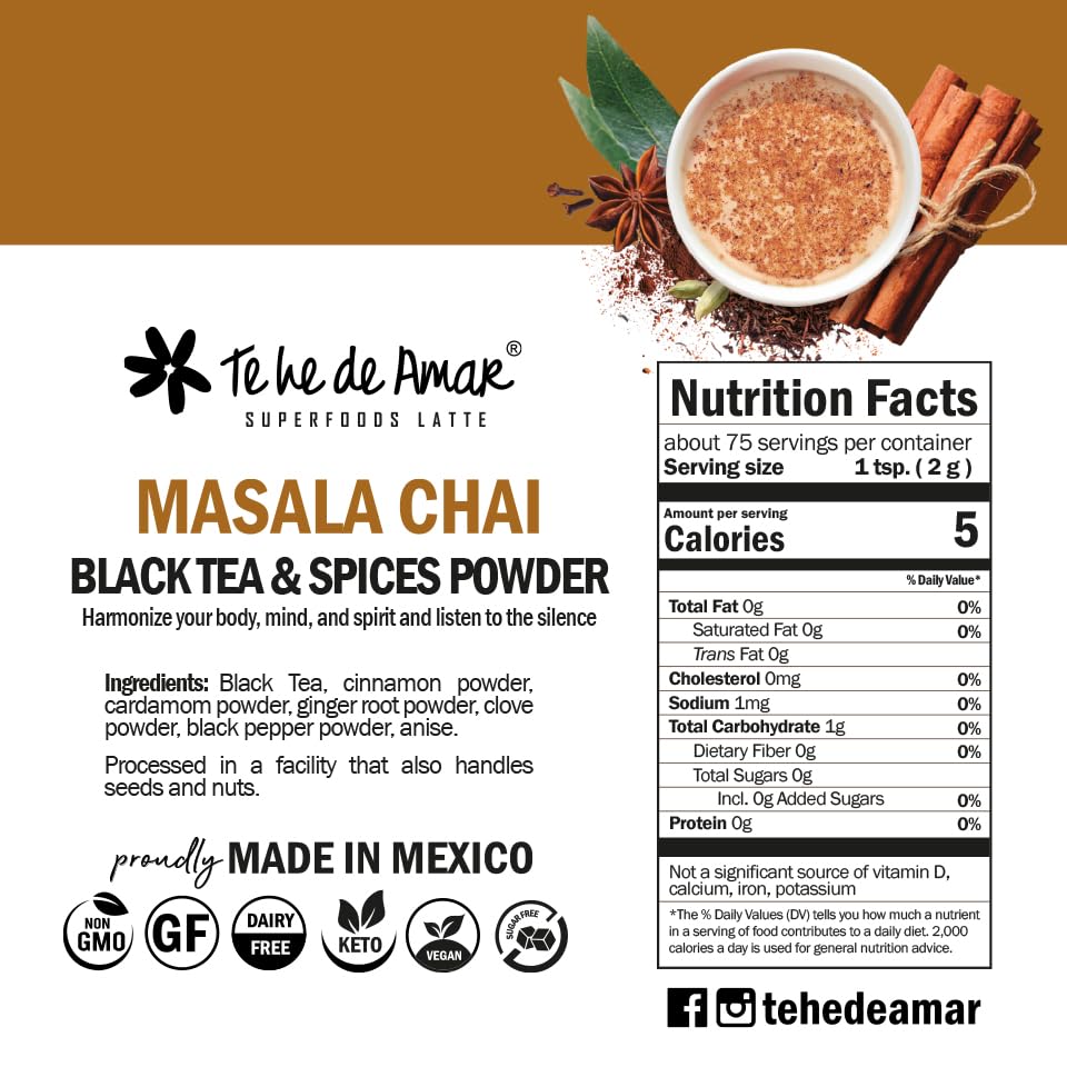 Miniatura 4 de MASALA CHAI Té negro orgánico y especiasTE HE DE AMAR Net WT 5.3 oz (150g) - 75 tazas. Té negro orgánico certificado, canela, cardamomo, jengibre,
